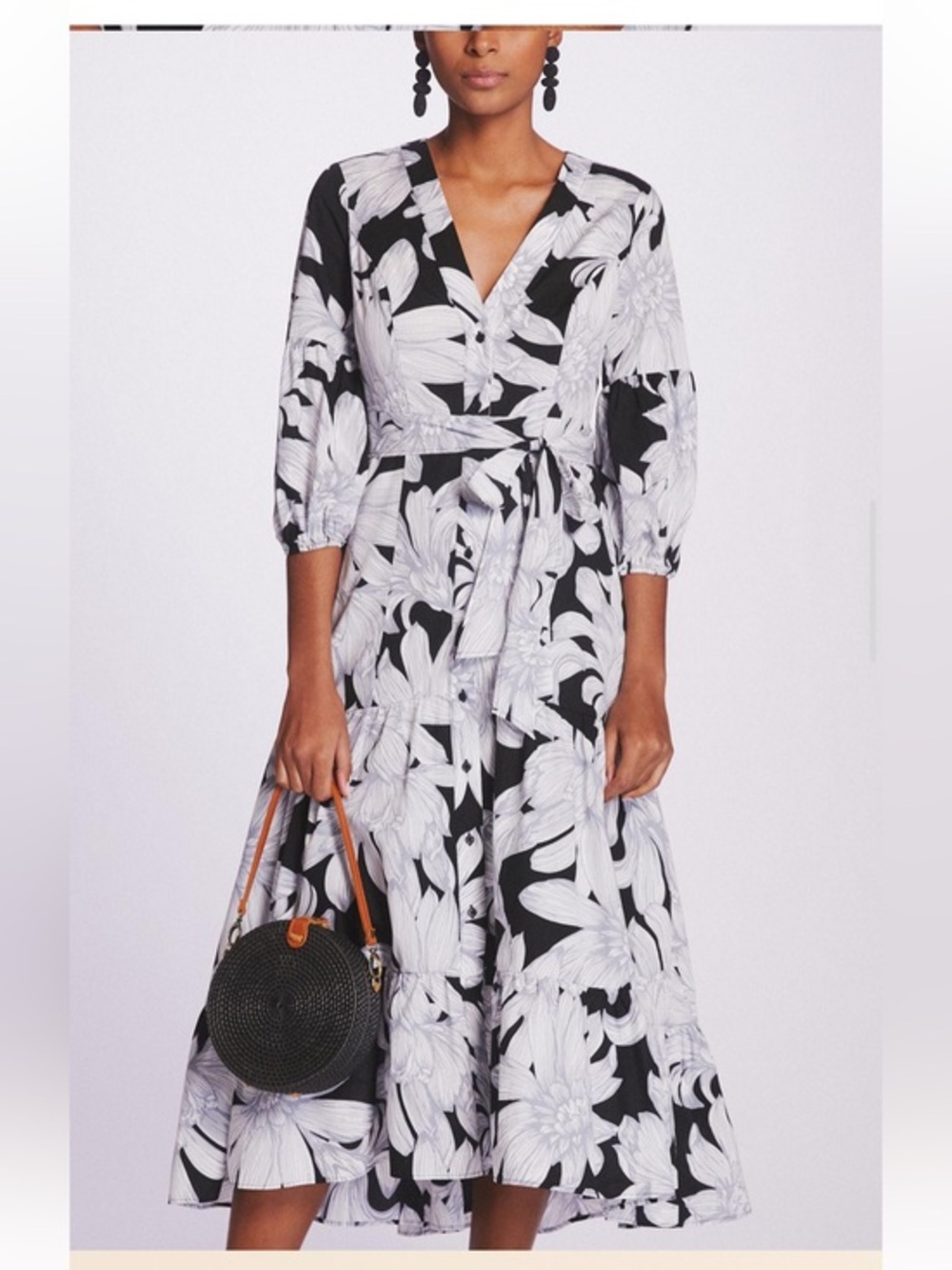 Anthropologie Maeve Puff-Sleeved Midi Dress tiered black white 100% cotton